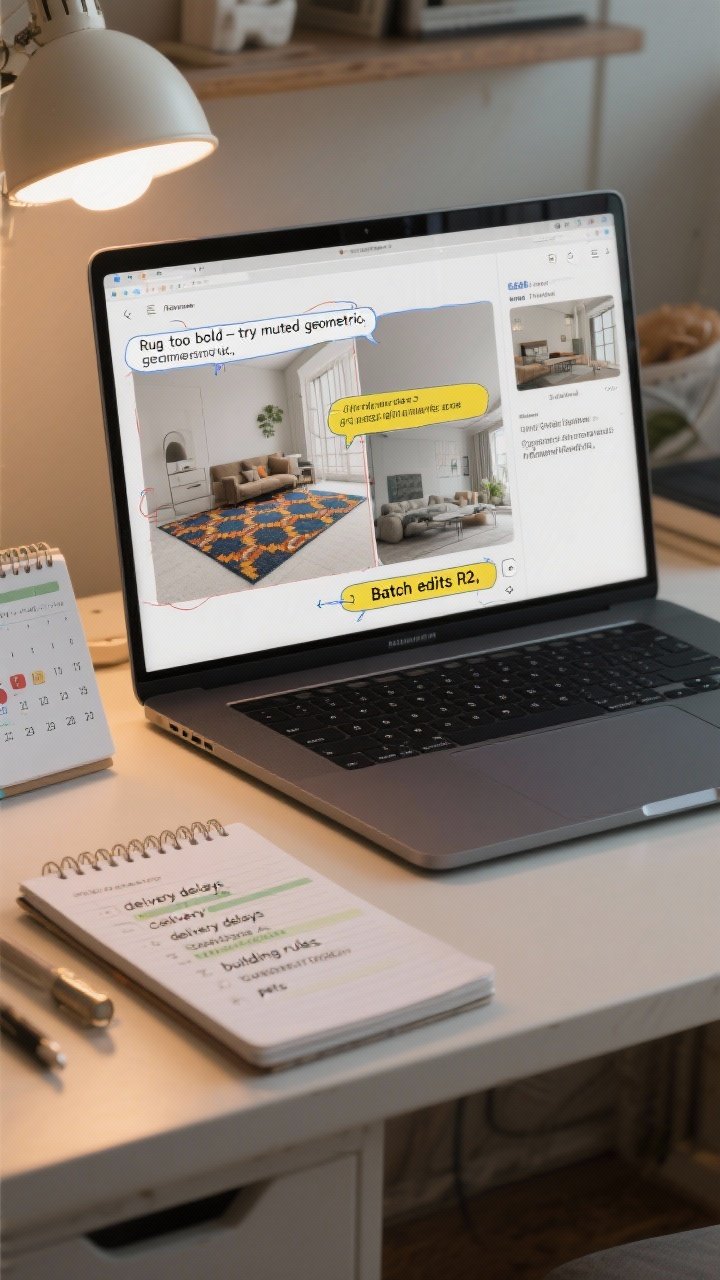 A detail shot of a feedback screen on a laptop showing annotated render images: comments like “Rug too bold—try muted geometric,” “Batch edits R2,” and a callout referencing the original brief’s non-negotiables. A neatly organized notepad lists constraints: “delivery delays,” “building rules,” “pets.” Include a calendar with revision rounds blocked, and a tidy desk scene with warm task lighting, emphasizing clear, professional communication tools. Cool-neutral color scheme with warm lamp glow.