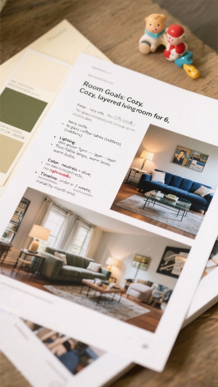 A detailed closeup, overhead flat lay of a design brief packet: a page titled “Room Goals: Cozy, layered living room for 6,” a highlighted line “Keep: navy sofa; No glass coffee tables (toddlers),” notes on “Lighting: dim after 5pm—layer floor/table lamps, warm bulbs,” “Color: neutrals + olive; no bright reds,” and “Timeline: order in 2 weeks; install by month-end.” Include printed daytime and nighttime photos of the room from multiple corners, olive and cream paint swatches, a warm bulb spec (2700K–3000K), and a small toy hinting at toddlers. Soft, diffused daylight with gentle shadows.