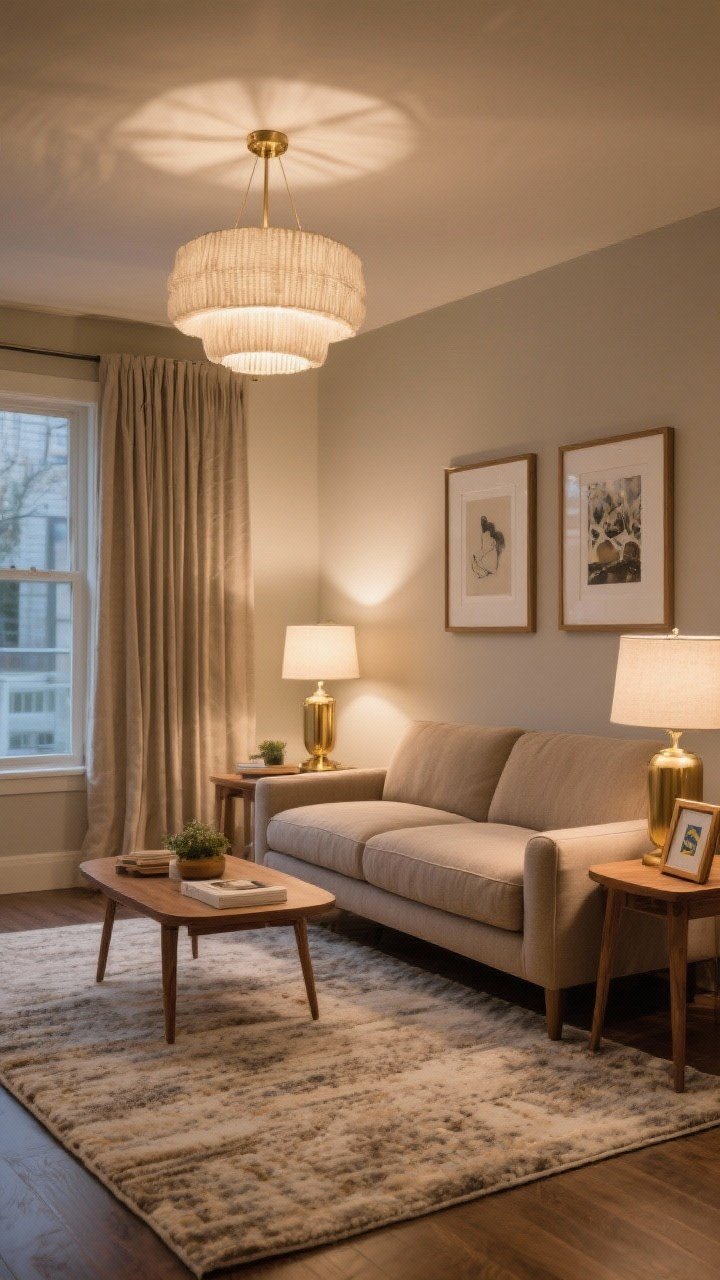 A medium shot of a living room vignette demonstrating splurge vs save: a high-quality, deep-seat sofa in performance fabric and a generously sized low-pile rug anchoring the area; layered lighting with a statement pendant overhead and a brass table lamp. Flanking the sofa, affordable side tables styled with budget-friendly decor that looks luxe, thrifted wooden frames with custom white mats displaying art, and IKEA curtain panels hemmed to just kiss the floor, mounted high and wide. Palette in warm neutrals with subtle texture; evening lighting that feels cozy but functional.