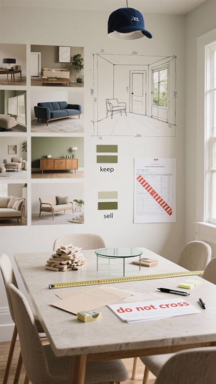 A medium, straight-on shot of a dining table workspace laid out for defining a decor vision: an 8–12 image collage of inspo photos showing neutrals with olive accents, soft textures, and clean-lined furniture silhouettes; a hand-drawn room sketch with clear measurements including window and door placements; two small piles labeled “keep” (a navy sofa photo, a solid wood credenza) and “sell” (a glass coffee table); and a printed budget sheet with a bold “do not cross” cap. Natural daylight from the side, crisp photorealistic detail of paper textures, tape, pens, and a measuring tape, with muted neutral tones and hints of olive on swatches.