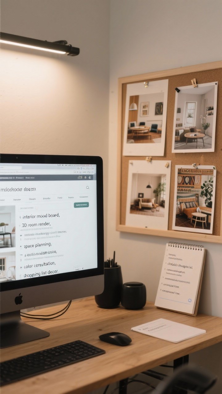 A wide, corner-angle view of a designer’s desktop screen open to a marketplace search with filters visible for “interior mood board,” “3D room render,” “space planning,” “color consultation,” and “shopping list decor,” surrounded by printed portfolio photos pinned on a board showing distinct styles: Japandi, mid-century, boho, and modern farmhouse. Include a notes pad with bullets for “revisions,” “clickable shopping list,” “communication,” “turnaround time,” and a brief message draft asking for a mini plan. Neutral workspace palette with wood, matte black accessories, and soft overhead task lighting.