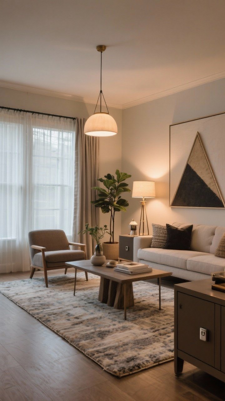 A wide, corner-angle view of a freshly styled living room showcasing execution tips: curtains mounted 8–10 inches above the frame and extending 8–12 inches past, a correctly scaled rug with front legs of sofa and chairs on it, layered lighting (overhead pendant, floor lamp, table lamp at varying heights), a single focal wall with large art, triangle styling on the coffee table with varied heights/textures, one tall floor plant plus small tabletop stems, and edited surfaces with 30–40% negative space. Include subtle upgrades: new cabinet hardware, sleek switch plates, and dimmed warm lighting for a cozy, designer-finished atmosphere.