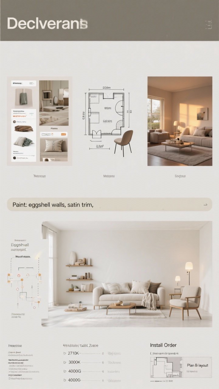A wide, straight-on comparison wall featuring deliverables: left panel shows a mood board with direct shopping links and noted alternatives; center panel shows a 2D floor plan with clear dimensions and chair clearance notes; right panel shows 3D renders of the same room at two angles, one in morning light and one in evening warm light. Below, a note strip lists “Paint: eggshell walls, satin trim,” a lighting plan with bulbs labeled 2700K–3000K for living areas and 4000K for task zones, a layered styling guide (pillow sizes, throw folds, shelf groupings of 3), and an “Install Order” checklist with a small “Plan B layout” thumbnail. Clean, neutral studio setting with bright, even lighting.