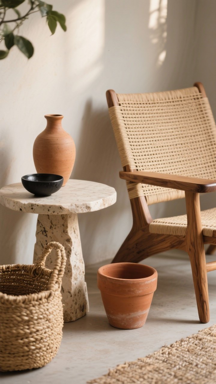 Detail closeup — An intentional trio of natural materials: a rattan chair beside a travertine side table topped with a ceramic vase, with a terracotta pot on the floor and a seagrass basket nearby; mango wood arm detail on the chair, blackened iron accent bowl for contrast; matte finishes emphasized; warm, soft morning light grazing surfaces to reveal patina and grain; tight framing to celebrate organic textures.