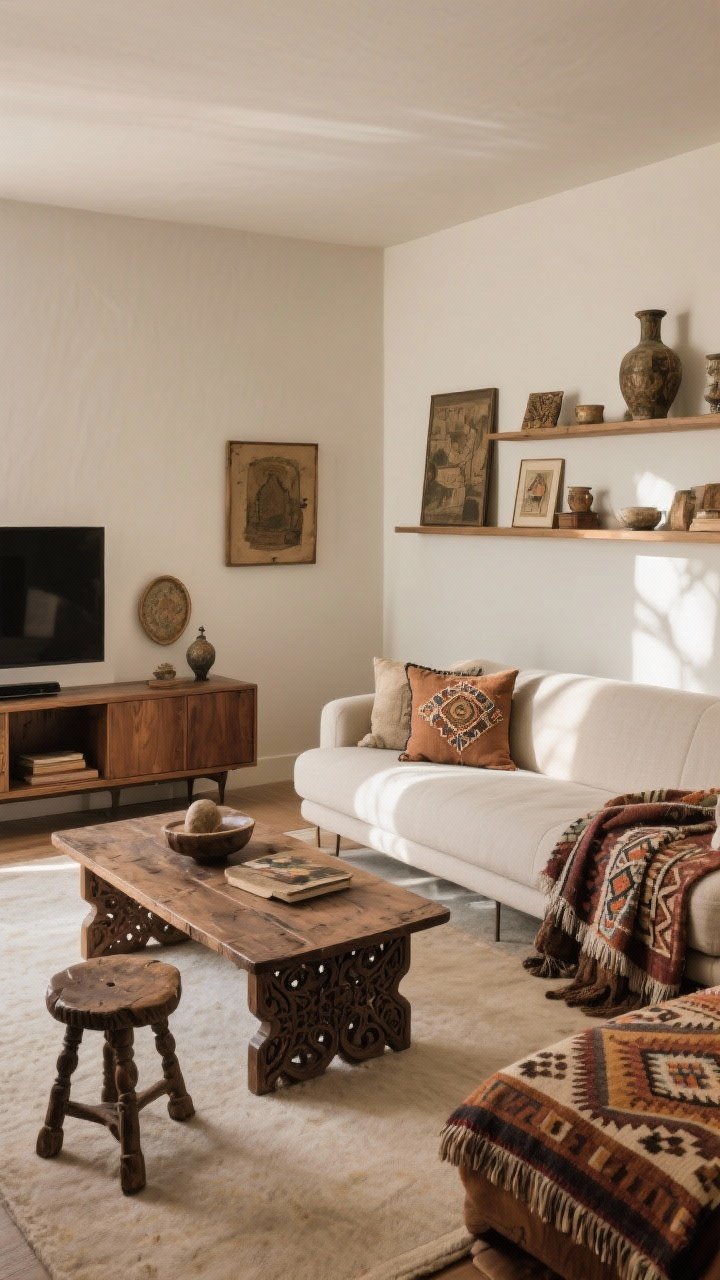 Medium shot — A balanced mix of vintage and modern: a clean-lined modern sofa and media console anchoring the room, paired with a vintage carved wood coffee table, an antique side stool, layered textiles (kilim pillow, embroidered throw), and collected art; a few souvenirs and heirloom objects with gentle patina on shelves; warm neutral palette with earth tones; soft afternoon light for a lived-in feel; three-quarter angle from the room corner.