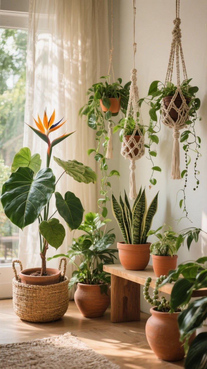 Medium shot — A lush indoor jungle vignette with a rubber plant and bird of paradise in floor baskets, a fiddle-leaf fig in a ceramic pot, snake plant and ZZ plant grouped on a low bench, and trailing pothos and string of pearls cascading from hanging macramé planters; planters in terracotta and matte ceramic at varied heights; clustered in odd numbers with mixed leaf sizes for visual balance; warm afternoon light filtering through a sheer curtain, highlighting the greenery; straight-on view.