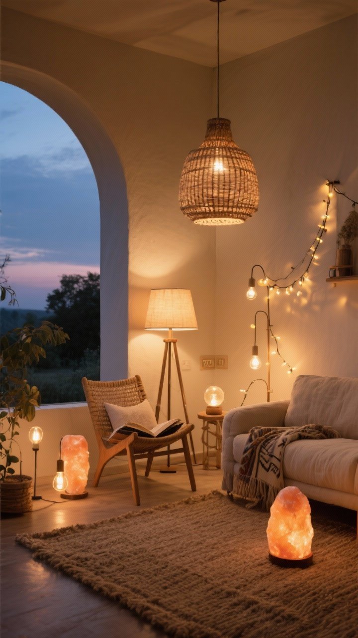 Medium shot — Layered boho lighting scene at dusk: a rattan pendant providing ambient, diffused glow; an arched floor lamp next to a reading chair for task lighting; string lights and a small salt lamp adding warm accent pools; bulbs at 2700K–3000K with dimmer set to a cozy level; varied lamp heights forming islands of glow around a jute rug and linen sofa; corner angle capturing the interplay of light sources.