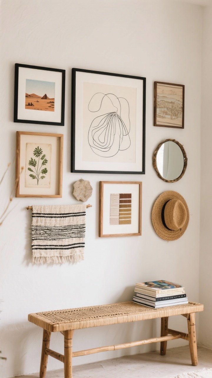 Medium wall view — A curated boho gallery wall arranged around a slightly off-center large hero piece, featuring a mix of art prints (abstract line drawing, desert landscape, vintage botanical), a small woven textile and framed fabric swatch, plus found objects like a round mirror and a straw hat; consistent frame finishes in black and oak to anchor the eclectic mix; a rattan bench below with a small stack of art books; soft, even natural light; straight-on composition emphasizing layout and layering.