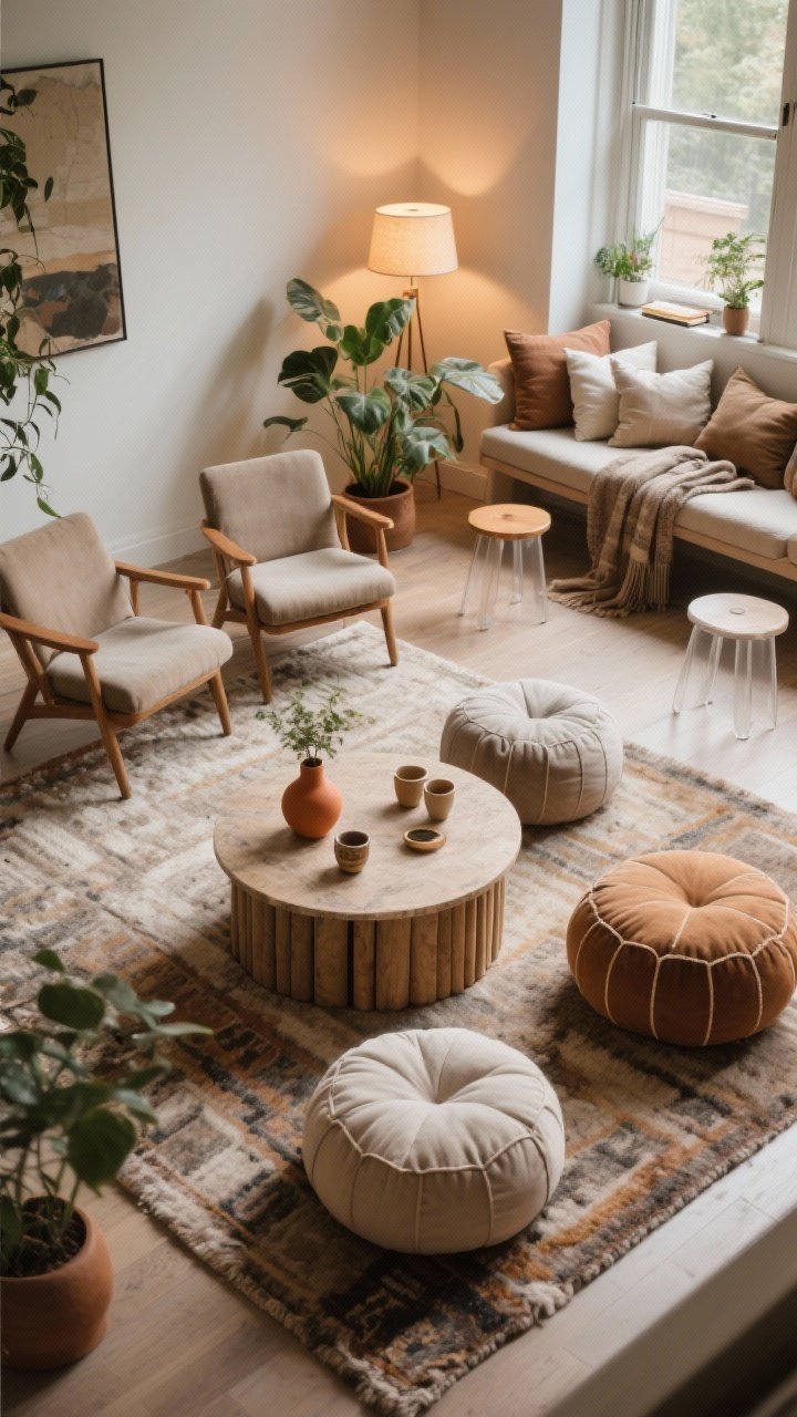 Overhead detail — A cozy low-seating zone: a plush rug layered with floor cushions and poufs around a low drum table styled with ceramic cups and a small terracotta vase, adjacent to a conversation corner with two accent chairs and a plant cluster; a nearby bench under a window piled with pillows and a throw to suggest a reading nook; clear walkways and small stools as flexible seating; warm, ambient lamp light creating an inviting, lounge-for-hours mood.