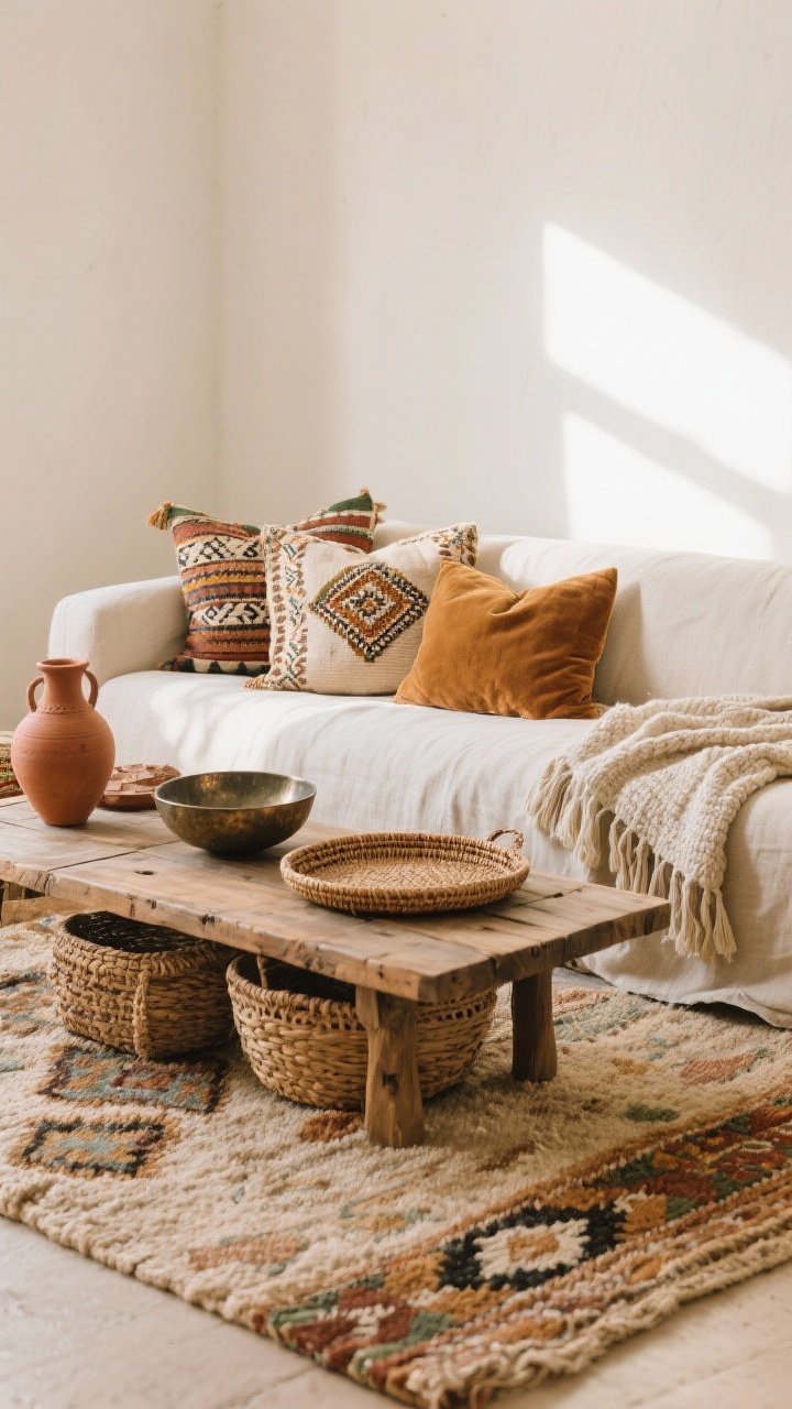 Wide shot — A boho living room anchored by a jute rug with a patterned Beni Ourain layered on top, a neutral linen sofa covered in mixed pillows (mudcloth, block print, embroidered, velvet in warm earth tones with two subtle accent colors), chunky knit and gauzy linen throws with tassels draped casually, woven baskets and a rattan tray on a reclaimed wood coffee table, terracotta pottery and a hammered metal bowl as accents; cohesive palette of warm whites, camel, clay, and olive; soft natural daylight creating gentle shadows to emphasize varied textures; corner angle to show depth and layering.