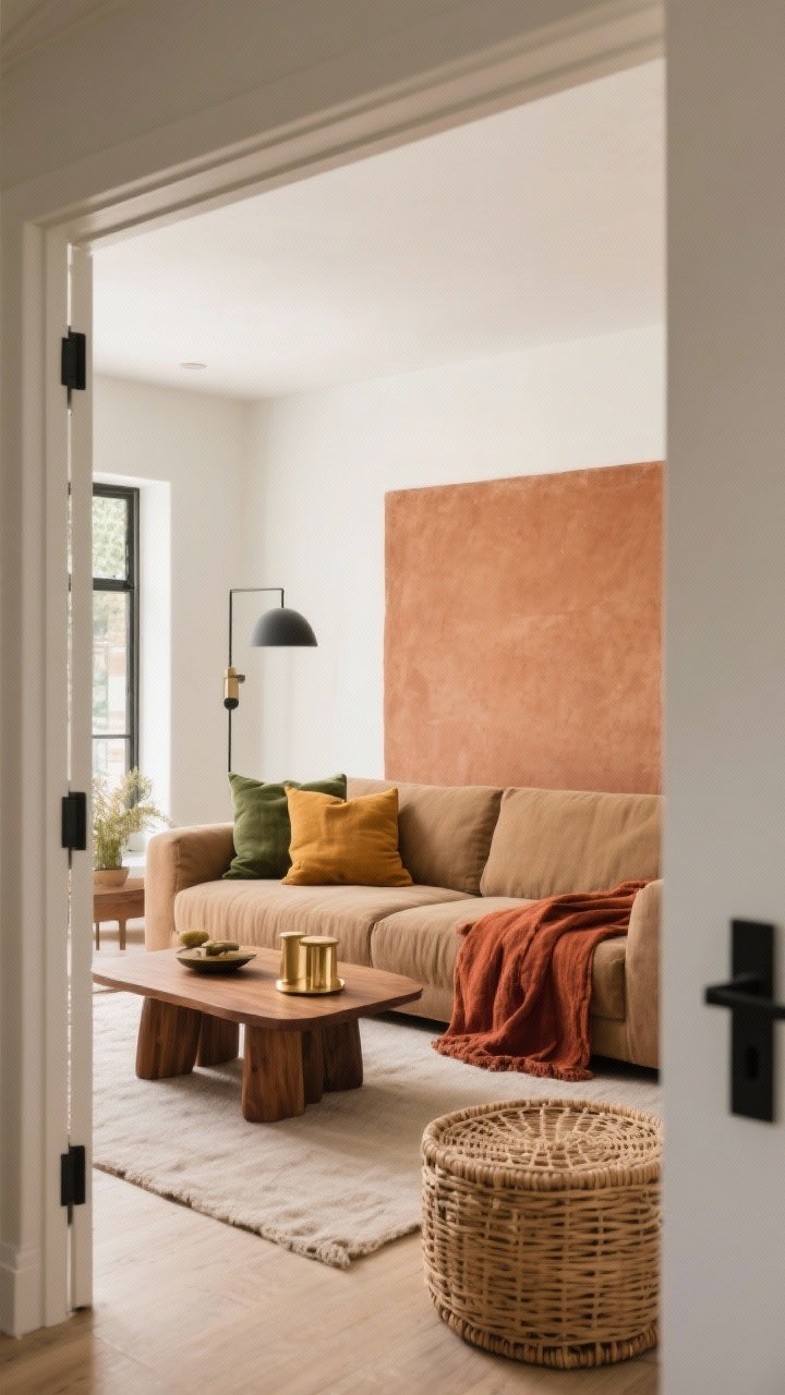 Wide shot — A grounded living room showcasing earthy, layered color palettes: warm white walls with a clay-colored accent wall behind the sofa, a camel-toned linen sofa, olive and ochre pillows, terracotta and rust textiles, walnut wood coffee table, brass details and matte black accents on hardware; natural rattan and linen elements subtly integrated; daylight balanced with warm undertones to keep it soulful, not sterile; photographed from a doorway angle to capture the palette harmony.